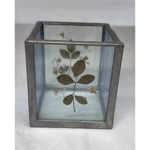 Vintage Dried Pressed Flower Glass Candle Tea Light Votive Holder Square Silver